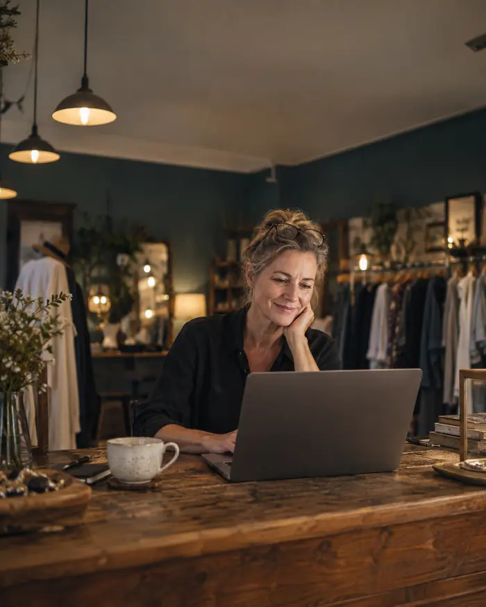 A boutique owner smiling at her laptop at the shop counter.