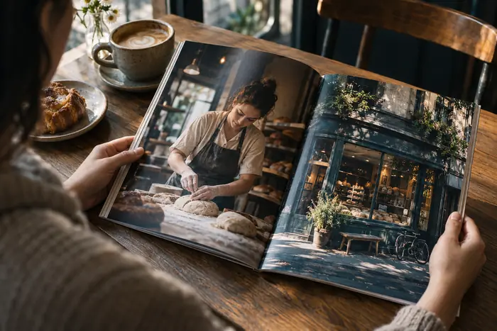 Someone reading City LIVING over coffee, open to a feature on a local bakery.