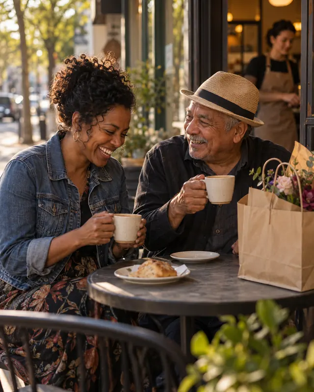 Two neighbors laughing over coffee at a sidewalk café table, a shopping bag beside them.
