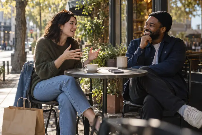 Two friends talking at an outdoor café table on a tree-lined street.