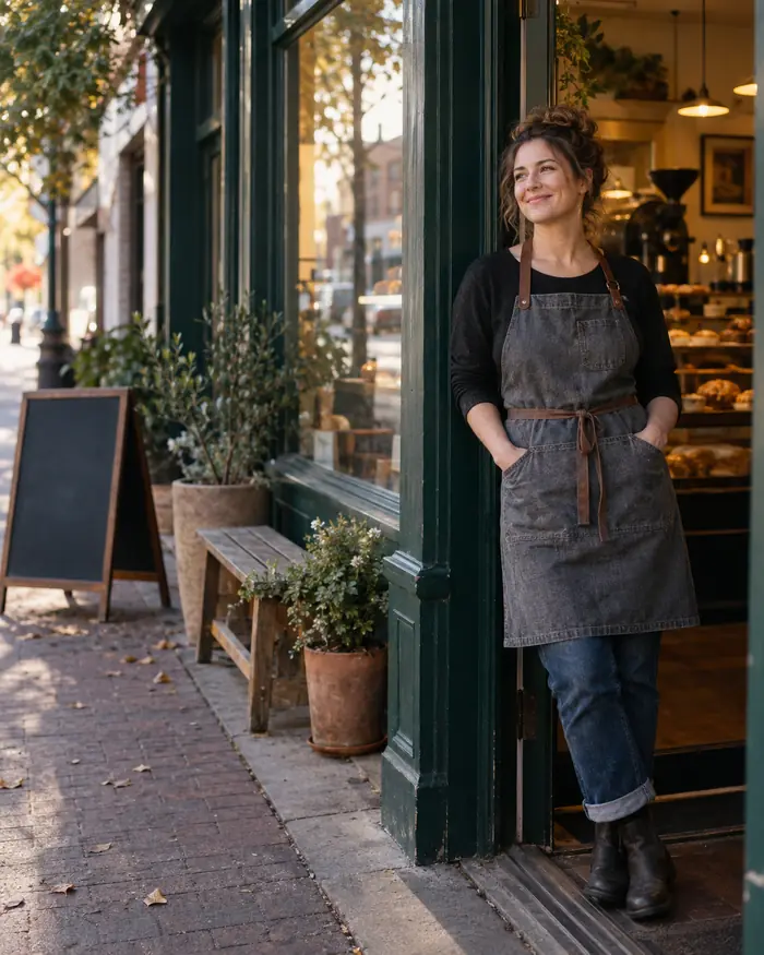 A bakery owner in an apron smiling in the doorway of her shop.