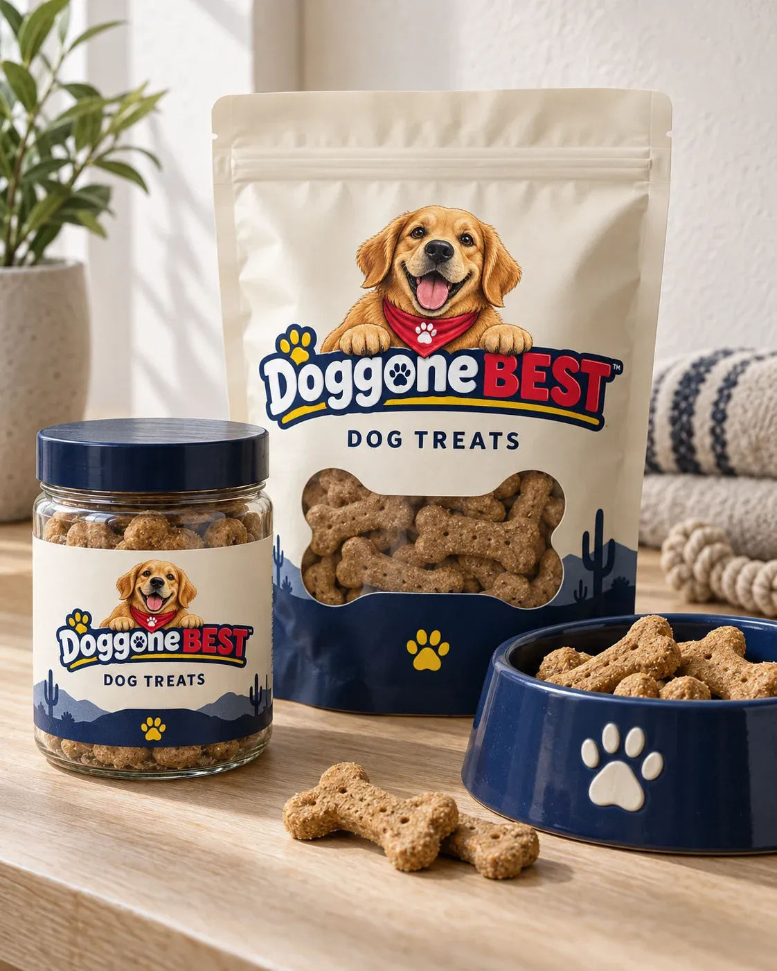 Doggone BEST treat pouch and jar with a navy dog bowl and biscuits.