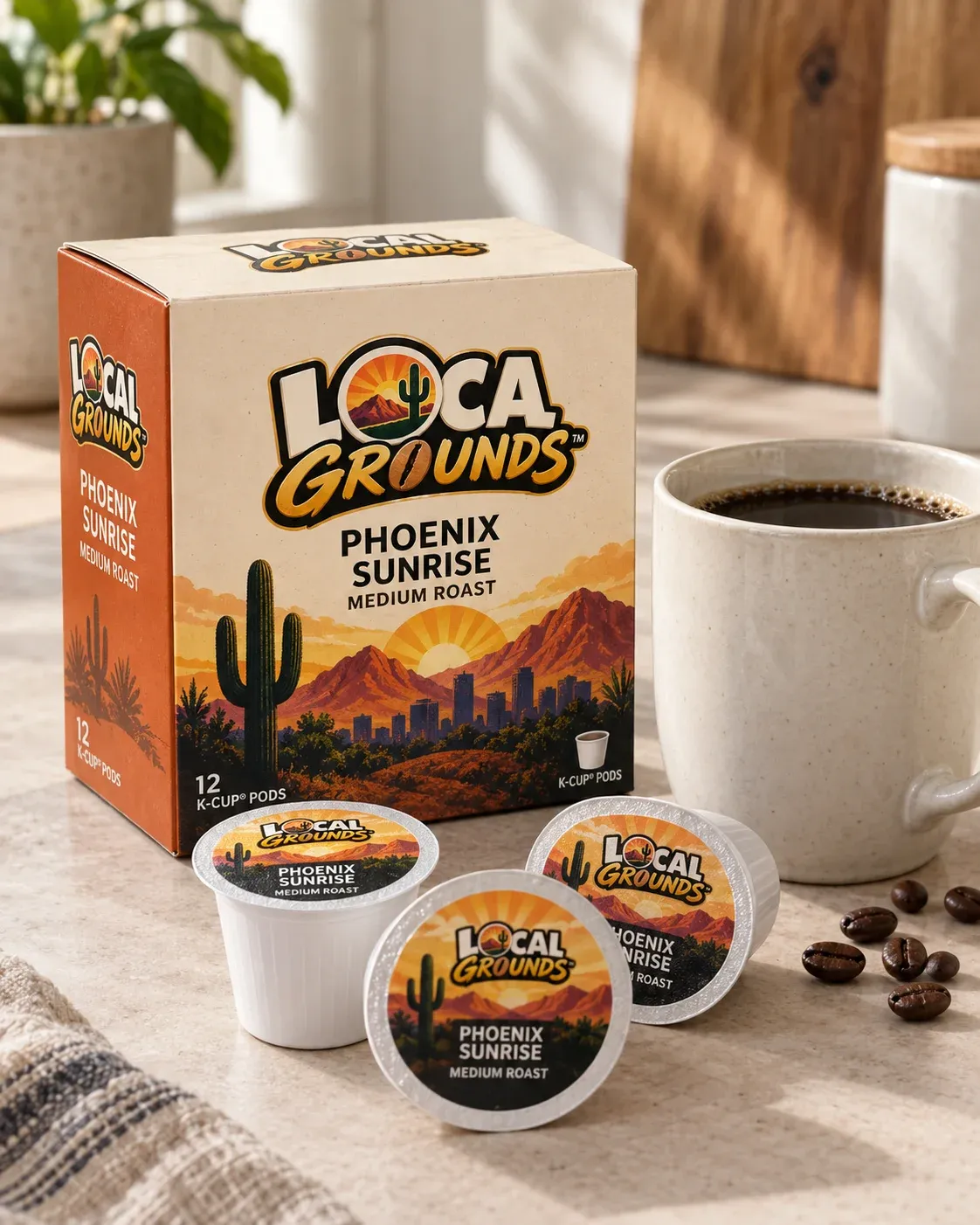 LOCAL GROUNDS Phoenix Sunrise coffee carton and pods beside an ivory mug.
