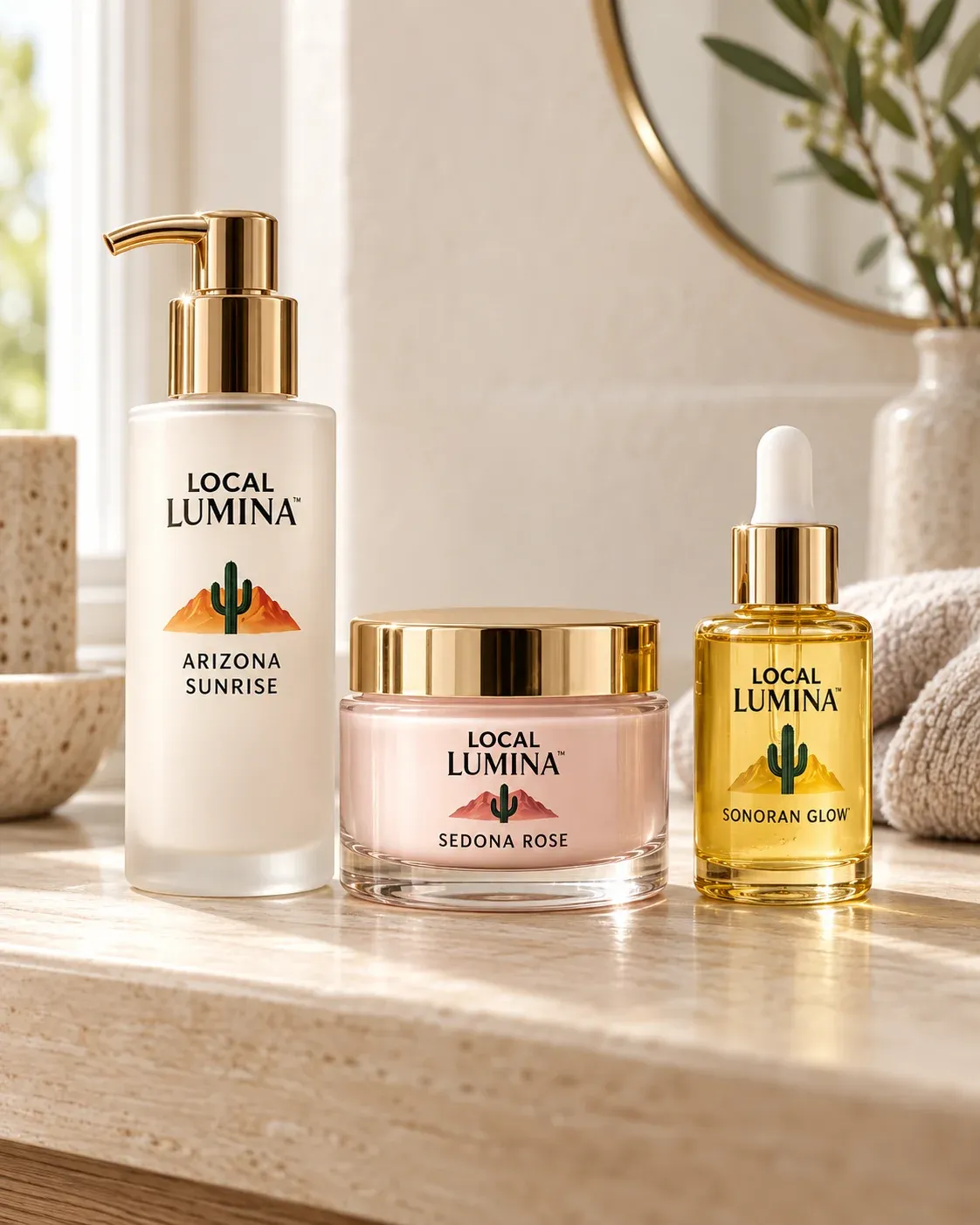LOCAL LUMINA skincare pump, blush cream jar and amber dropper bottle.