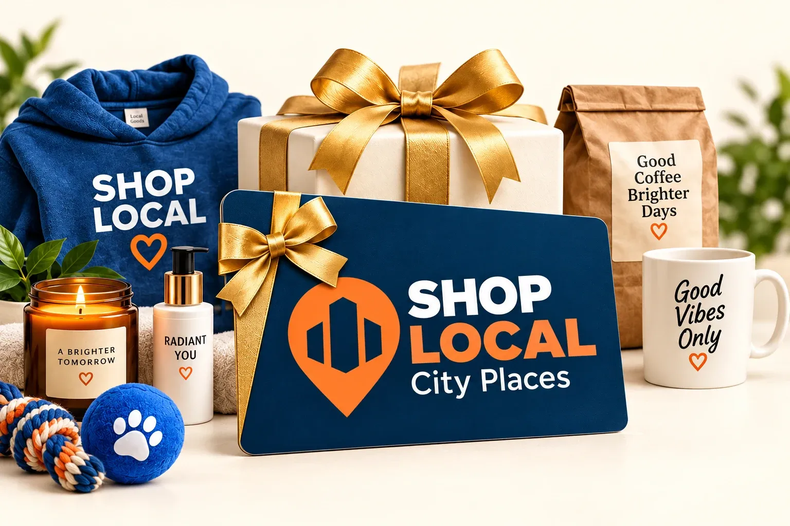 SHOP LOCAL City Places gift card and illustrated shopping products.