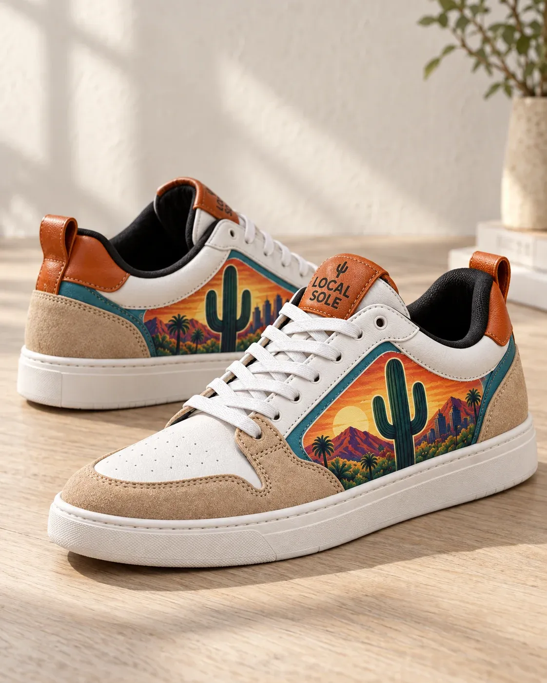 LOCAL SOLE white and sand sneakers with colorful Arizona sunset panels.