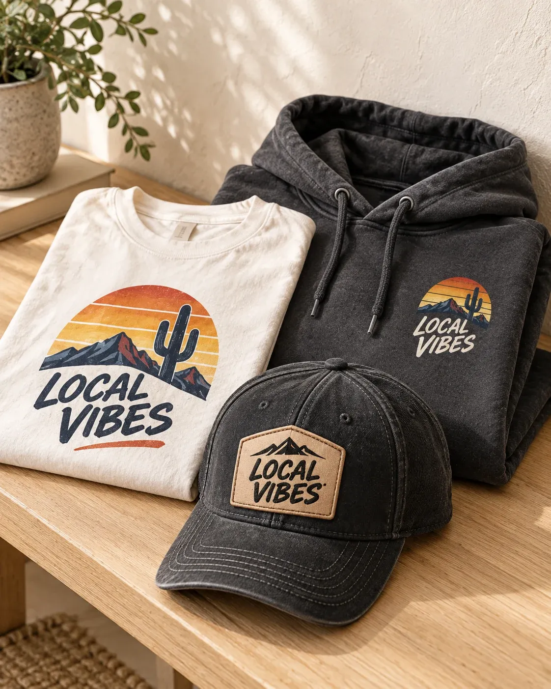 LOCAL VIBES desert-print clothing and cap concept.