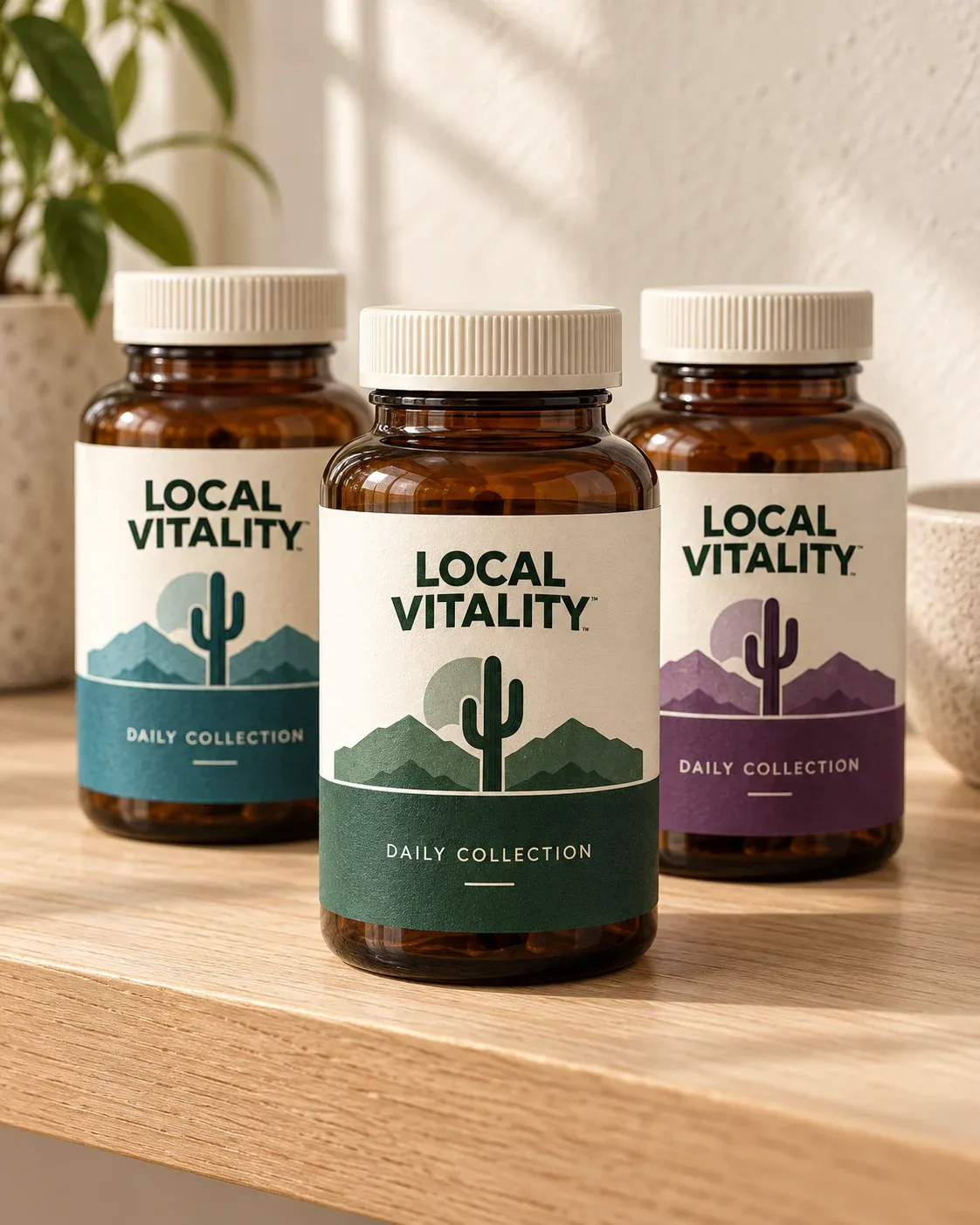 LOCAL VITALITY amber bottles with cream caps and desert-inspired labels.